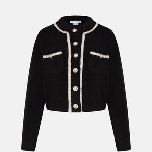 Contrast Trim Faux Pearl Button Black Cardigan